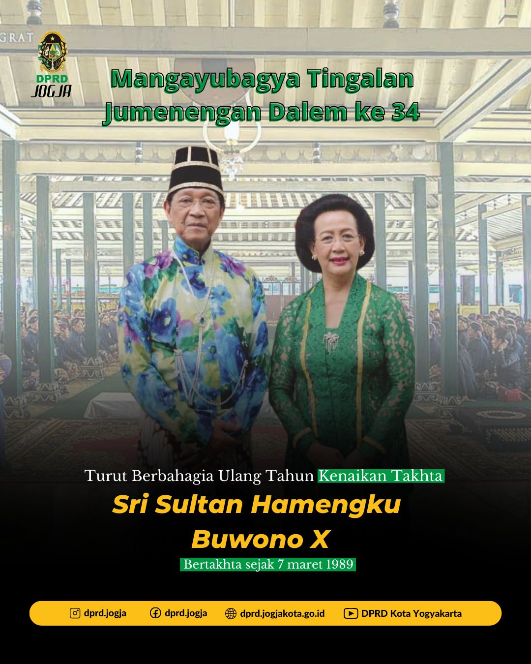 Sri Sultan Hamengku Buwono X Genap 34 Tahun Bertakhta sebagai Raja Keraton Kasultanan Yogyakarta